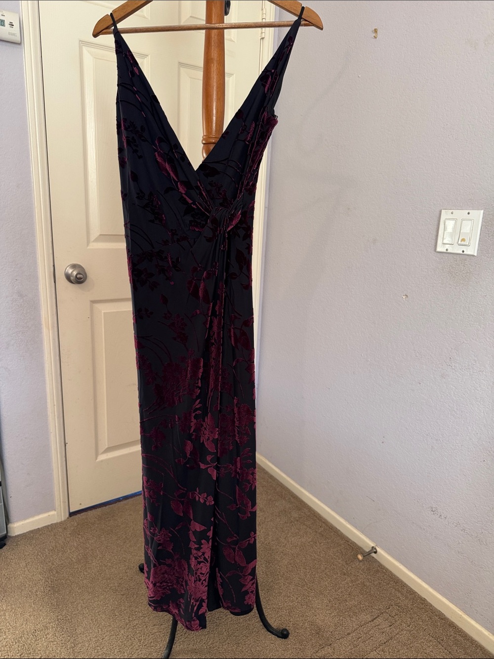 Elegant Black & Burgundy Floral V-Neck Slip Dress